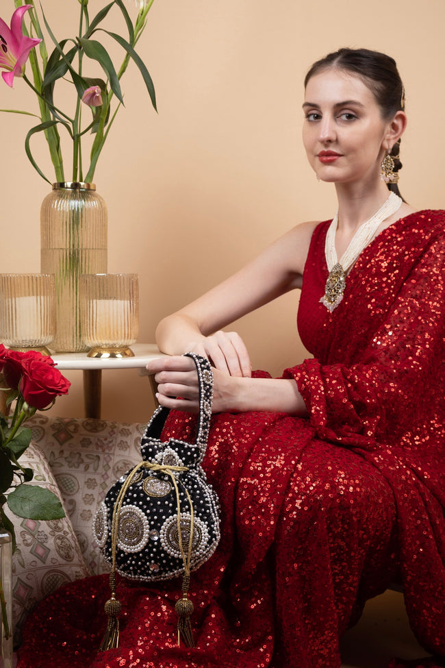 Black Velvet Pearl & Cut Dana Work Potli Bag Hover Image