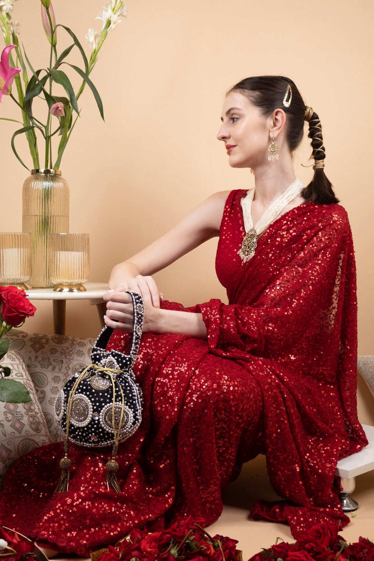 Black Velvet Pearl & Cut Dana Work Potli Bag