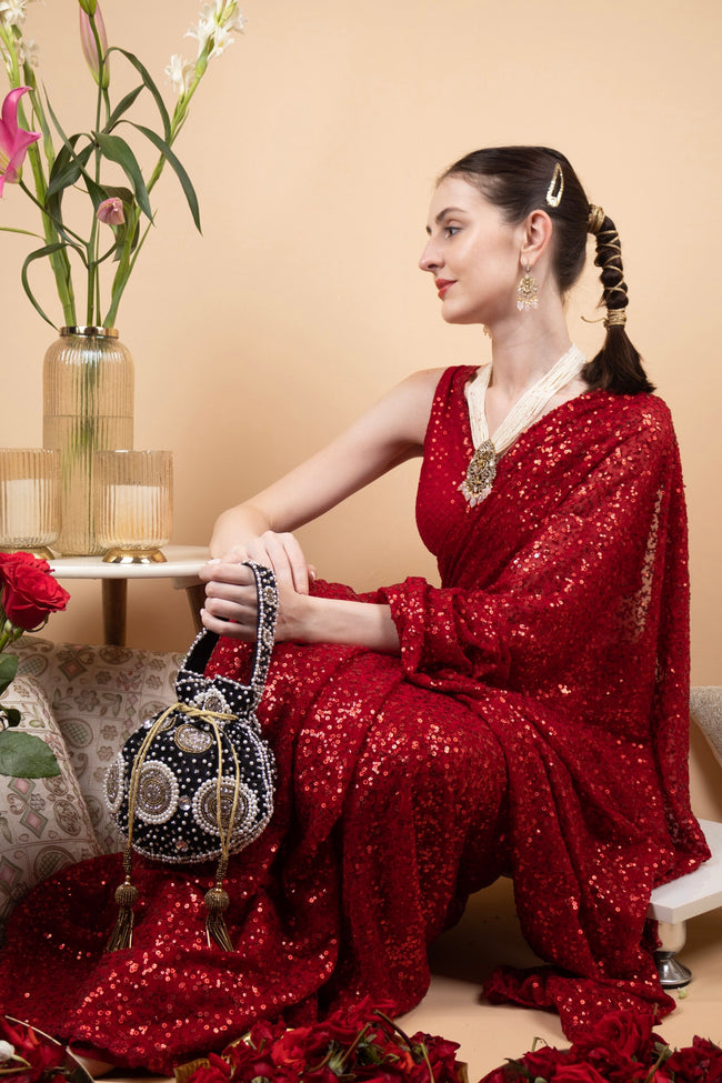Black Velvet Pearl & Cut Dana Work Potli Bag Main Image