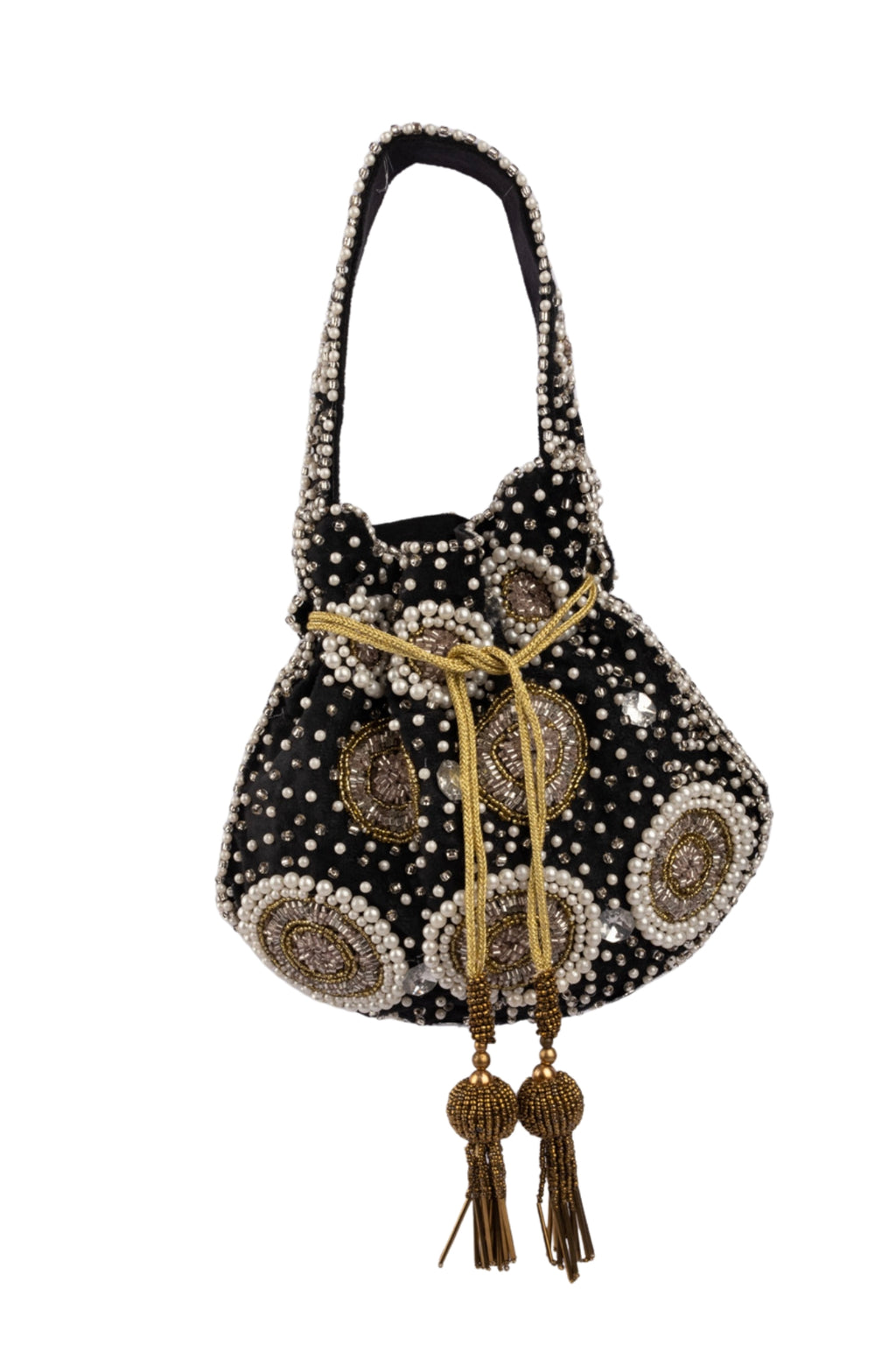 Black Velvet Pearl & Cut Dana Work Potli Bag