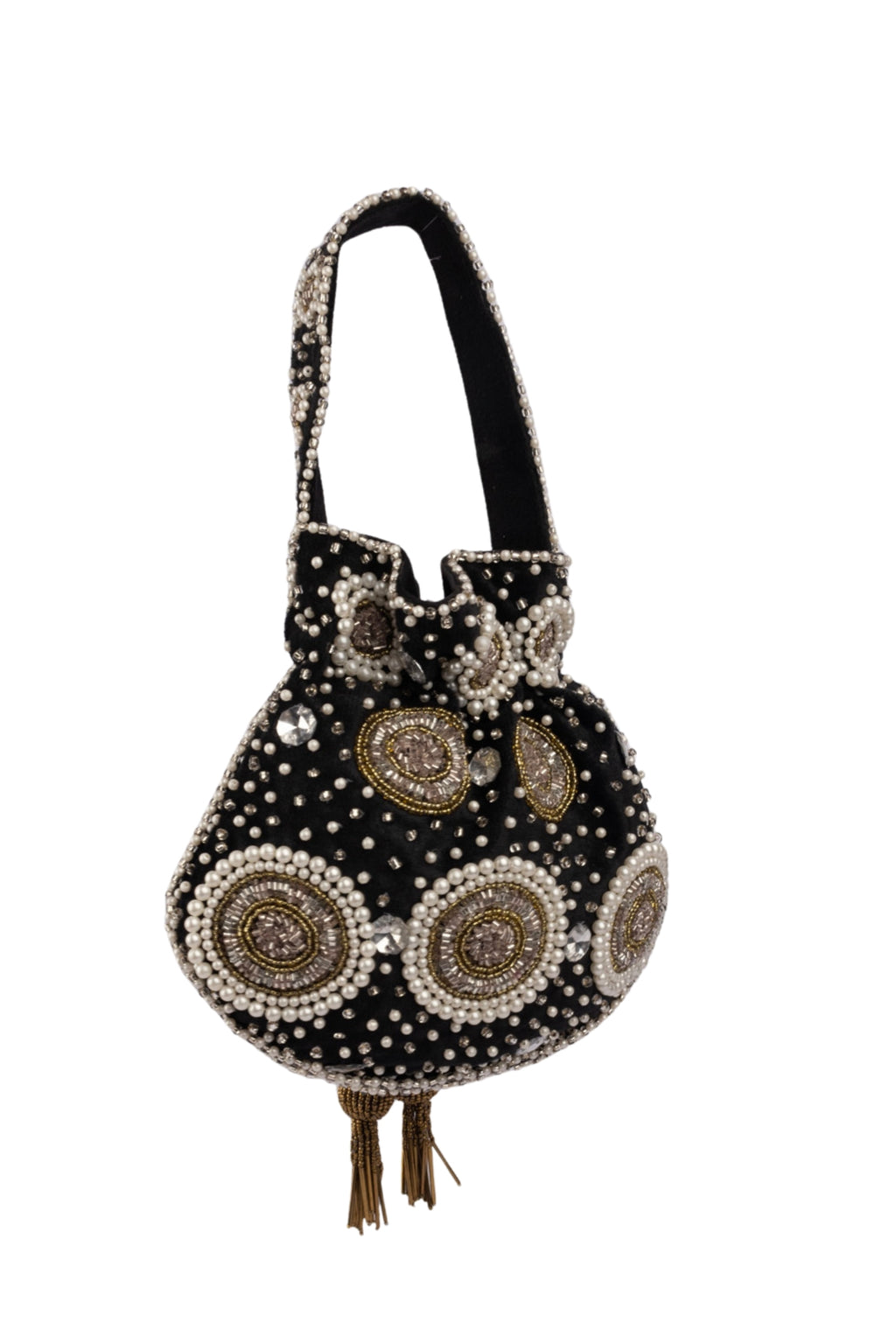 Black Velvet Pearl & Cut Dana Work Potli Bag