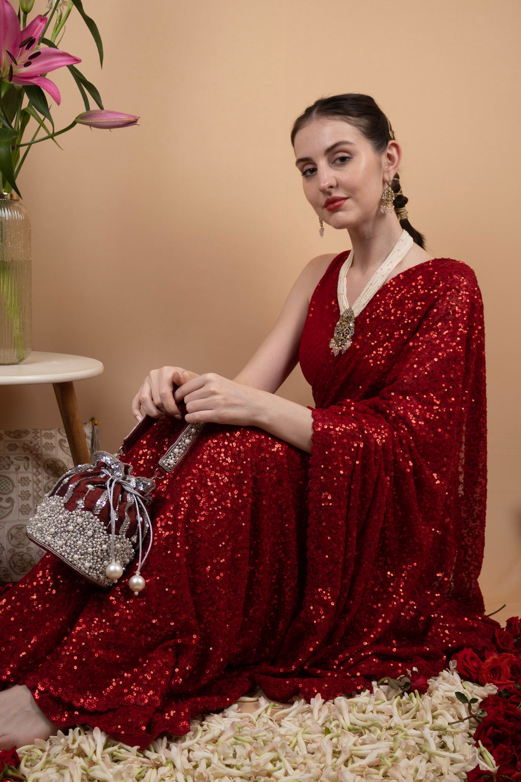 Maroon Raw Silk Cutdana & Pearl Embellished Potli Bag