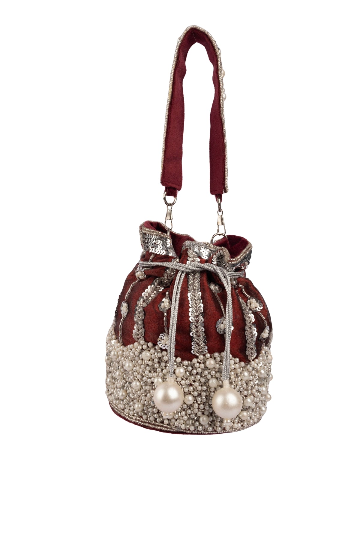Maroon Raw Silk Cutdana & Pearl Embellished Potli Bag