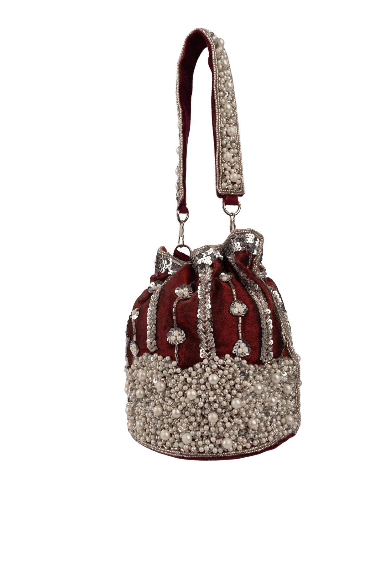Maroon Raw Silk Cutdana & Pearl Embellished Potli Bag