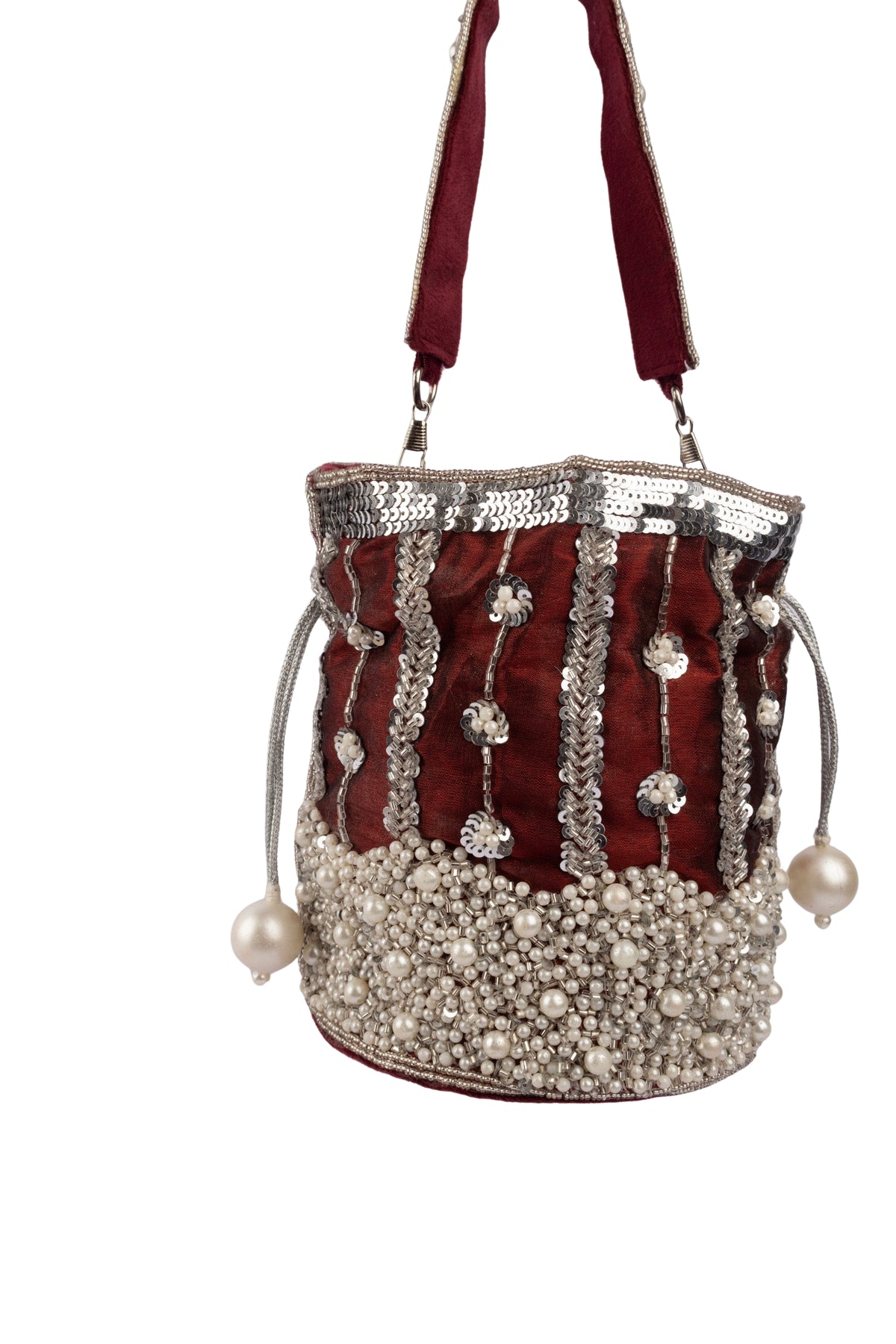 Maroon Raw Silk Cutdana & Pearl Embellished Potli Bag