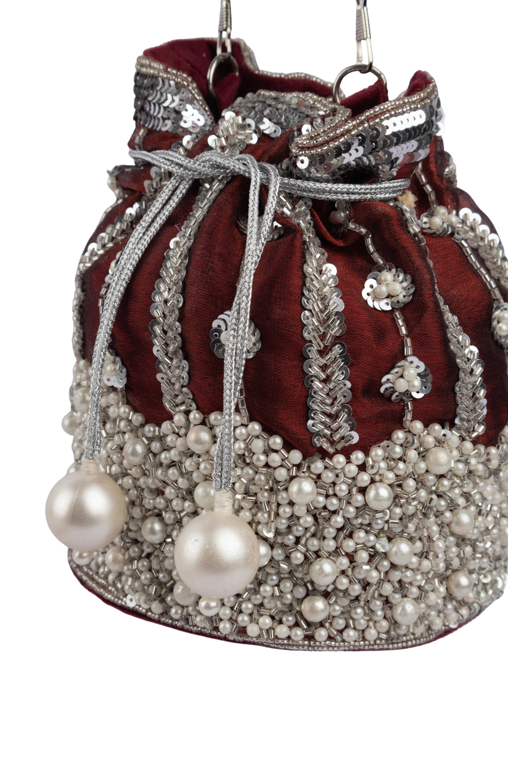 Maroon Raw Silk Cutdana & Pearl Embellished Potli Bag