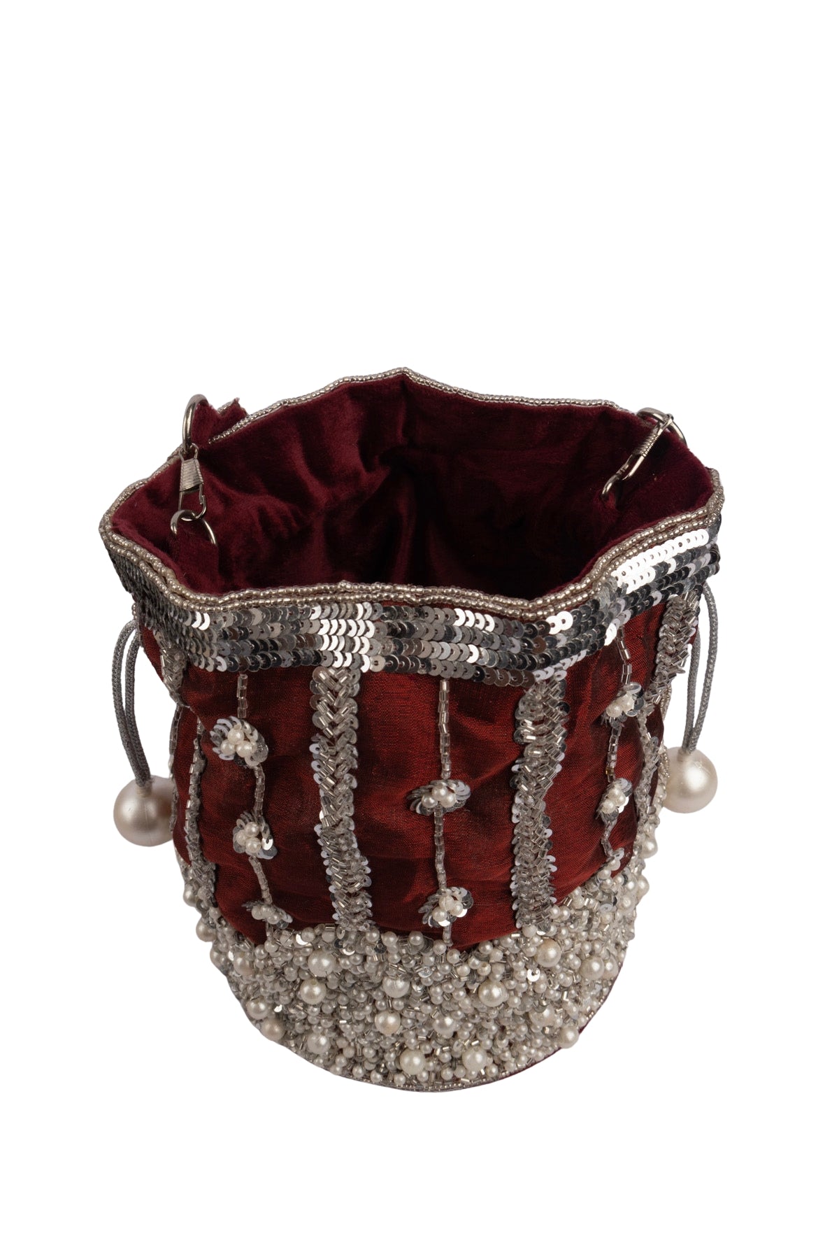 Maroon Raw Silk Cutdana & Pearl Embellished Potli Bag