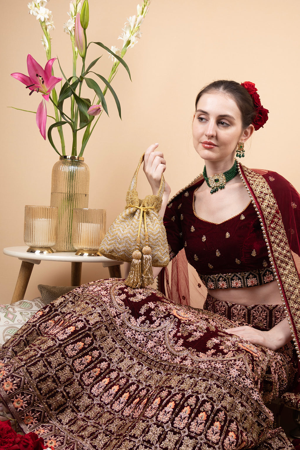 Gold and silver beaded potli bag with zig zag pattern tassel drawstrings velvet inner lining festive wedding ethnic accessory