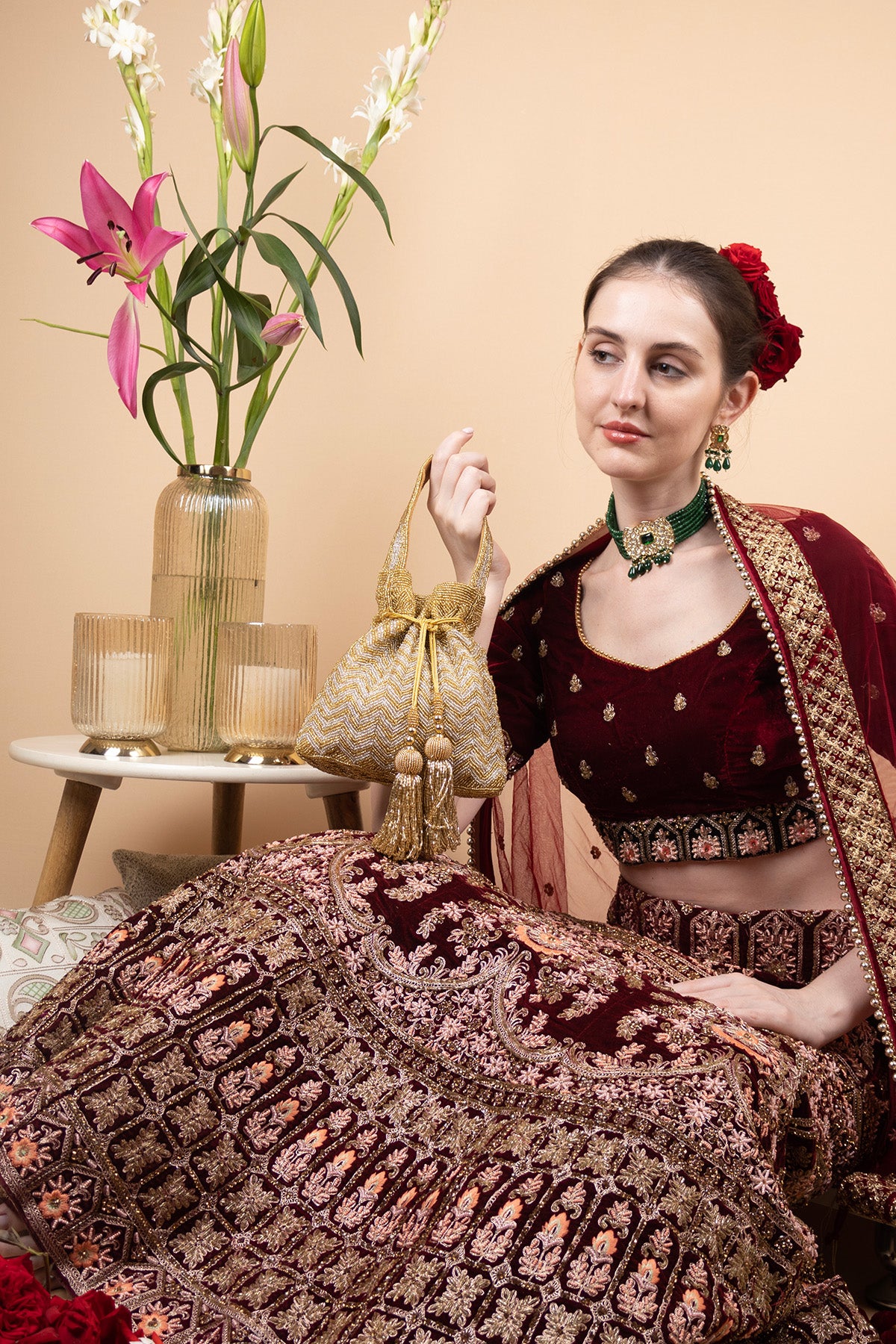 Gold and silver beaded potli bag with zig zag pattern tassel drawstrings velvet inner lining festive wedding ethnic accessory