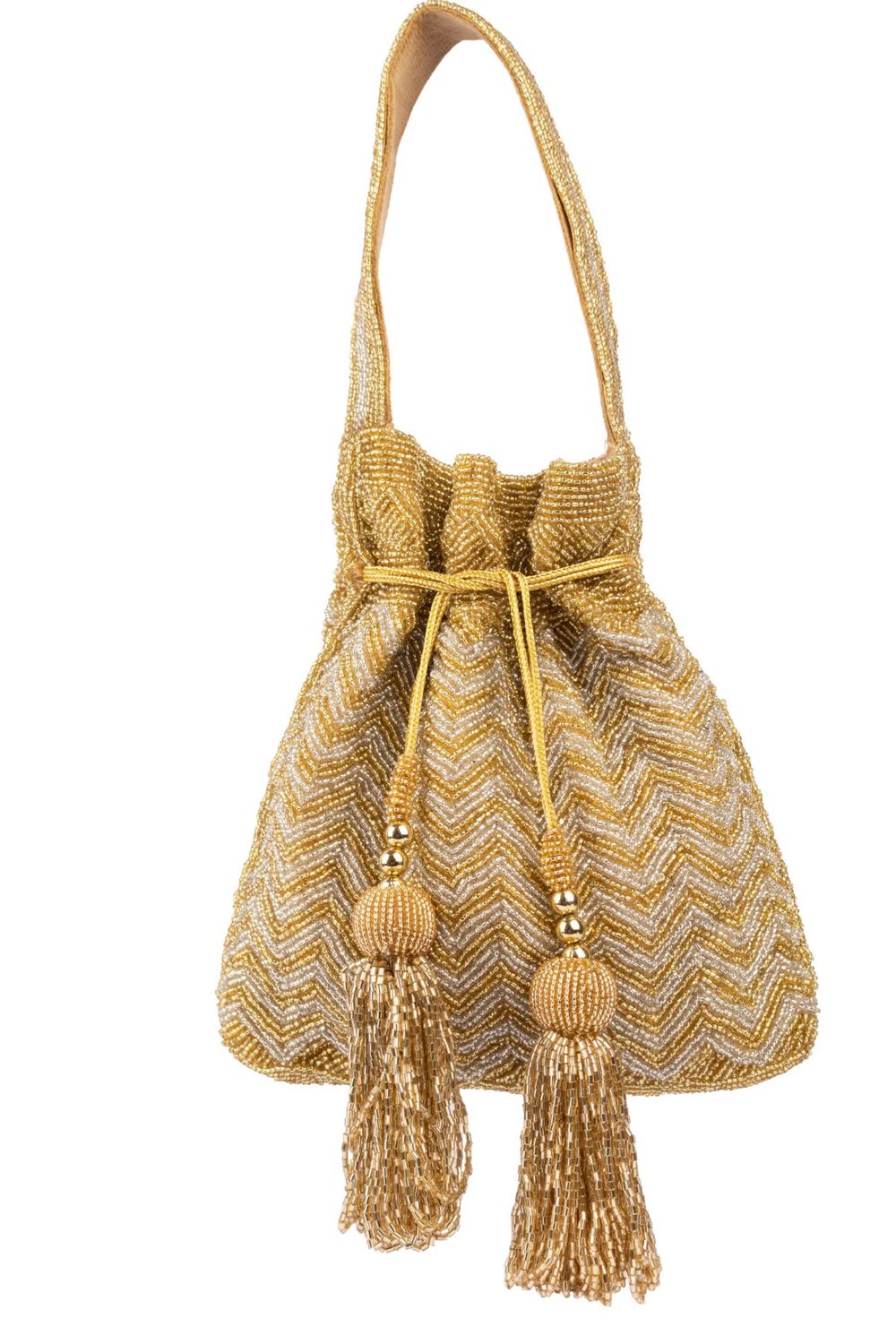 Gold and silver beaded potli bag with zig zag pattern tassel drawstrings velvet inner lining festive wedding ethnic accessory