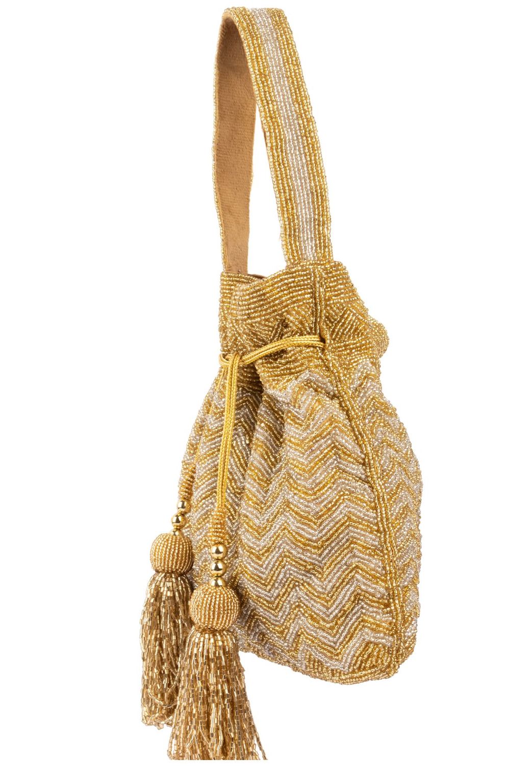 Gold and silver beaded potli bag with zig zag pattern tassel drawstrings velvet inner lining festive wedding ethnic accessory
