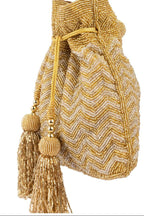 Gold and silver beaded potli bag with zig zag pattern tassel drawstrings velvet inner lining festive wedding ethnic accessory
