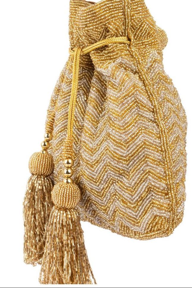 Gold and silver beaded potli bag with zig zag pattern tassel drawstrings velvet inner lining festive wedding ethnic accessory