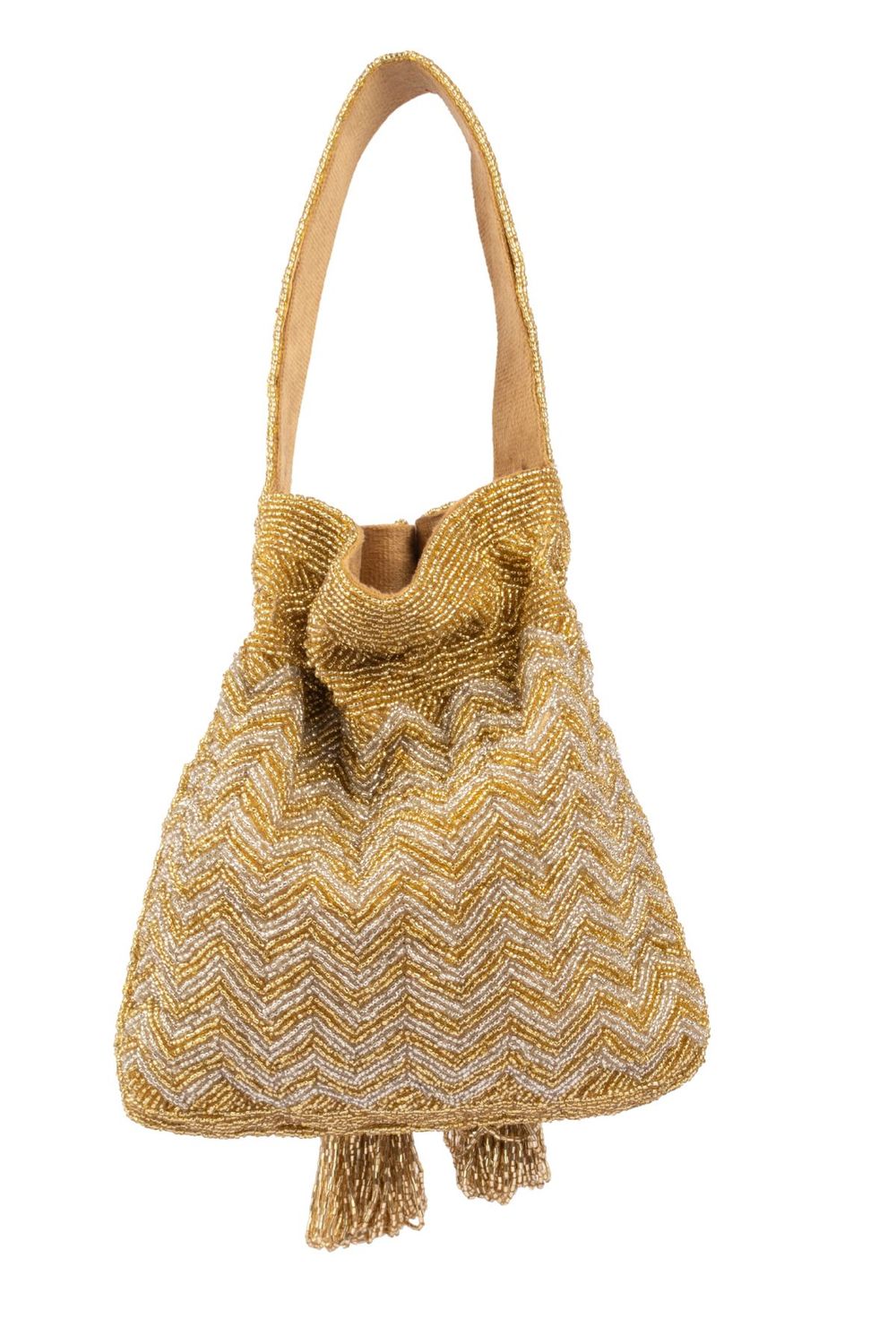 Gold and silver beaded potli bag with zig zag pattern tassel drawstrings velvet inner lining festive wedding ethnic accessory