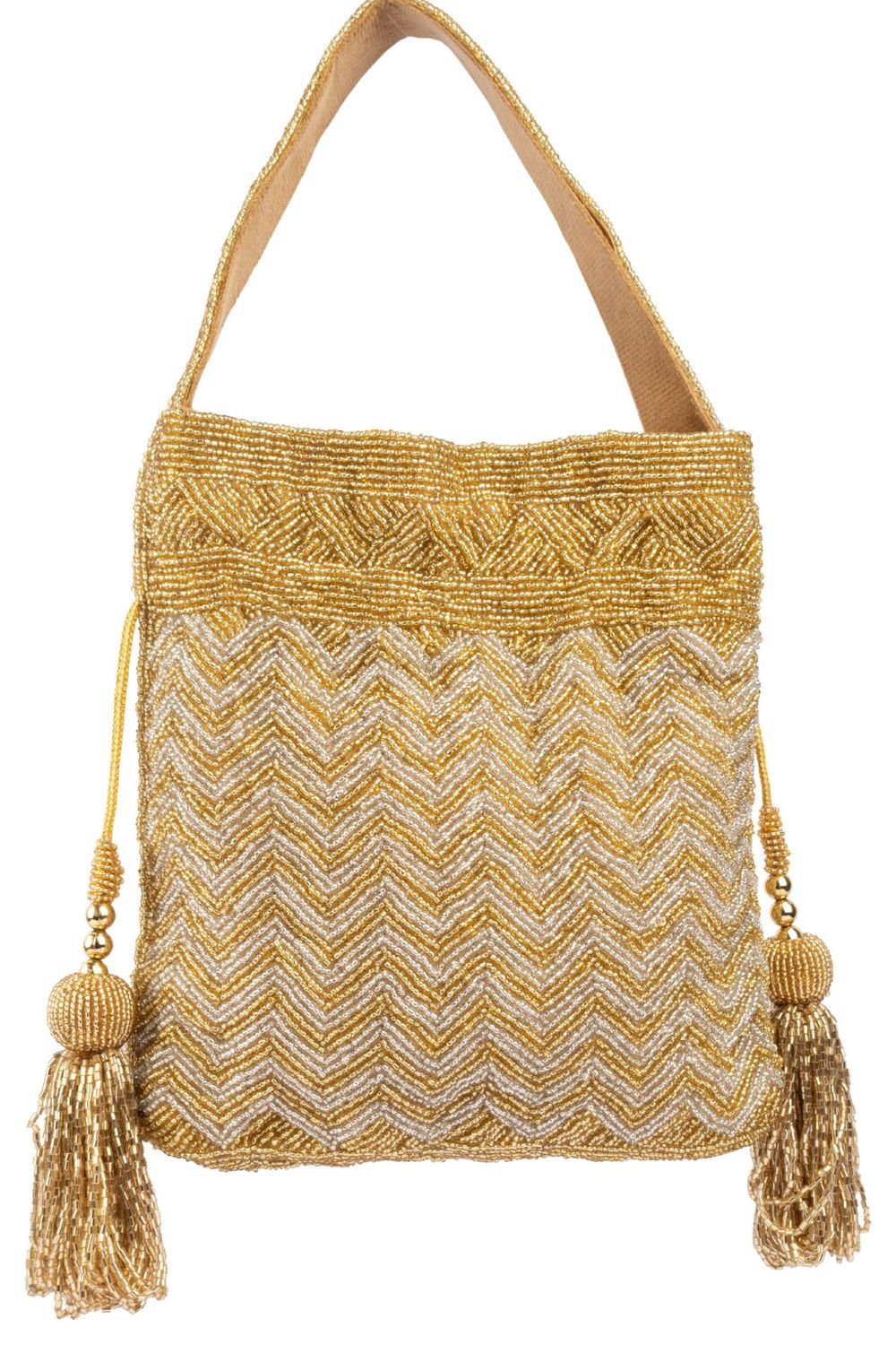 Gold and silver beaded potli bag with zig zag pattern tassel drawstrings velvet inner lining festive wedding ethnic accessory