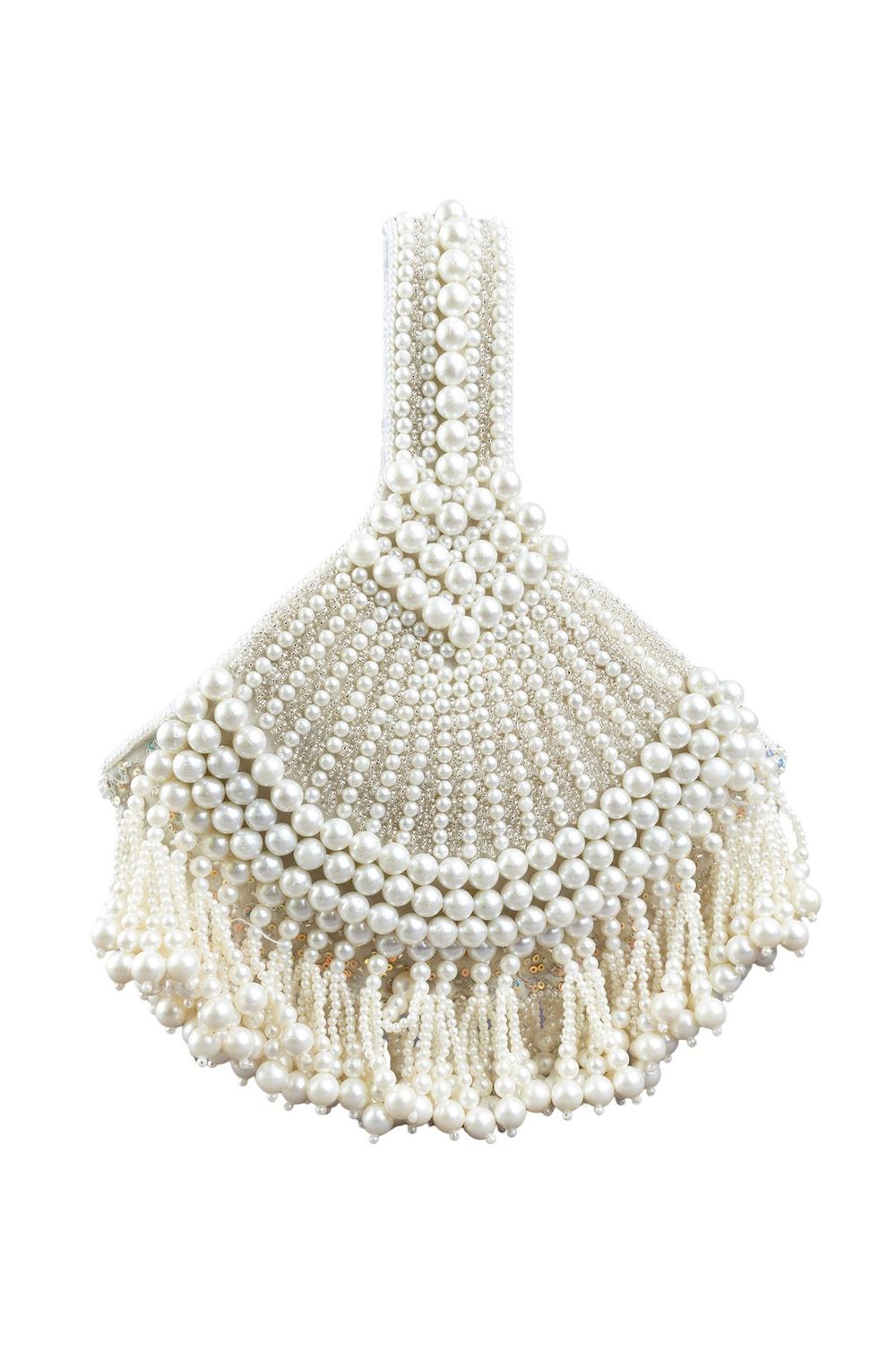 Ivory pearl beaded clutch bag with fringe detailing and velvet lining for wedding and festive wear
