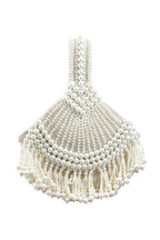 Ivory pearl beaded clutch bag with fringe detailing and velvet lining for wedding and festive wear