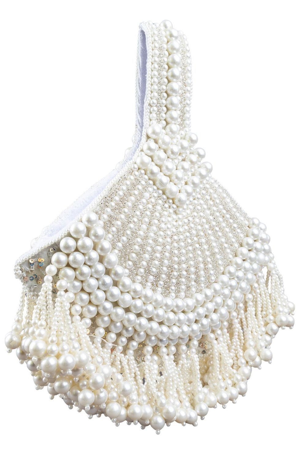 Ivory pearl beaded clutch bag with fringe detailing and velvet lining for wedding and festive wear