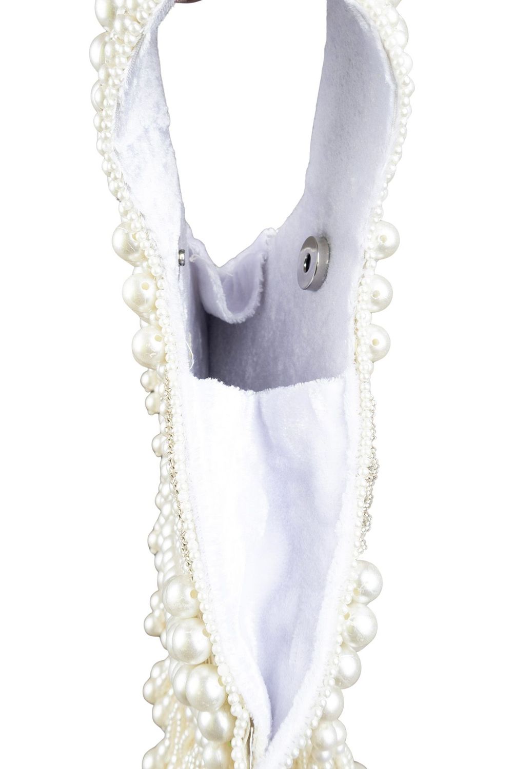 Ivory pearl beaded clutch bag with fringe detailing and velvet lining for wedding and festive wear