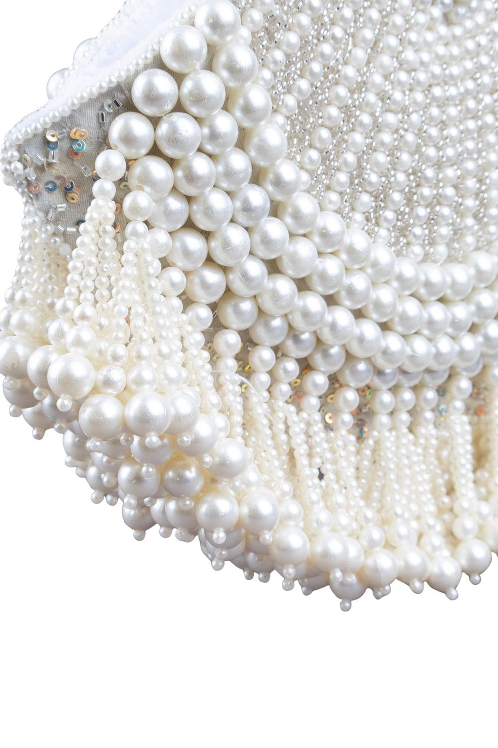 Ivory pearl beaded clutch bag with fringe detailing and velvet lining for wedding and festive wear