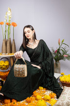 Beige hand-embellished mini clutch with diamond pearl bead sequin cutdana work suede lining inner pocket wedding and party wear