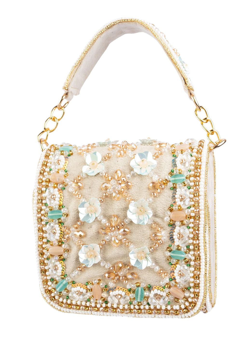 Beige hand-embellished mini clutch with diamond pearl bead sequin cutdana work suede lining inner pocket wedding and party wear