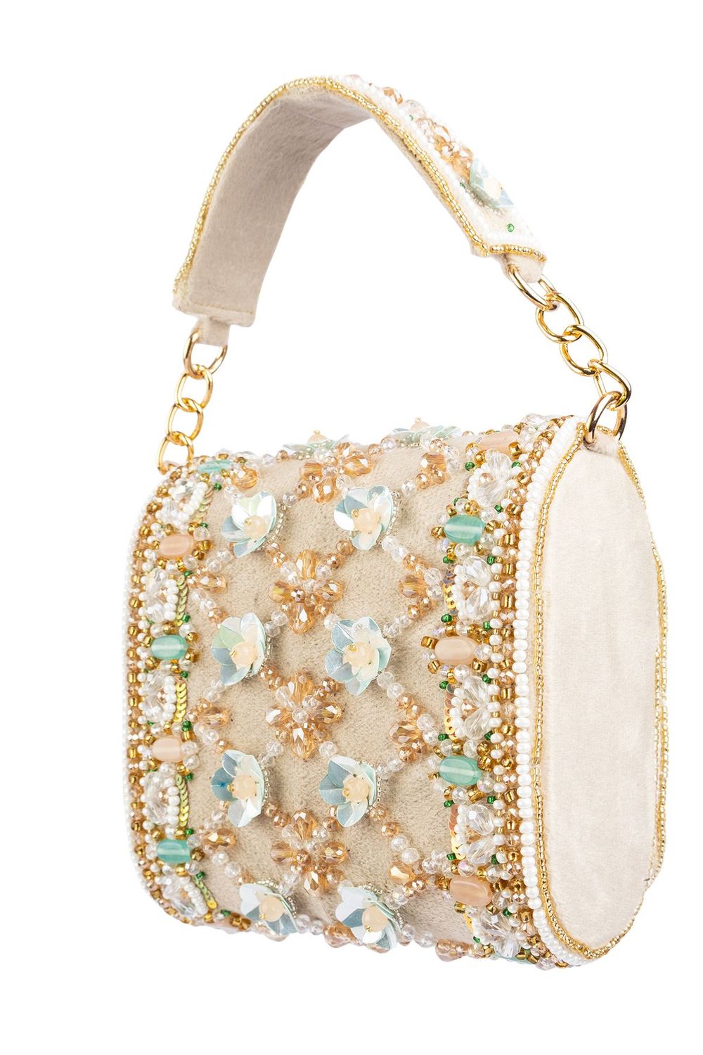 Beige hand-embellished mini clutch with diamond pearl bead sequin cutdana work suede lining inner pocket wedding and party wear