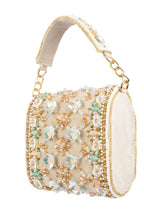 Beige hand-embellished mini clutch with diamond pearl bead sequin cutdana work suede lining inner pocket wedding and party wear