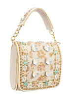 Beige hand-embellished mini clutch with diamond pearl bead sequin cutdana work suede lining inner pocket wedding and party wear