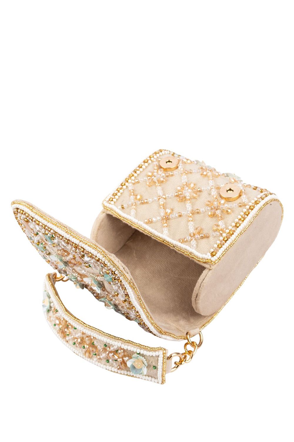Beige hand-embellished mini clutch with diamond pearl bead sequin cutdana work suede lining inner pocket wedding and party wear