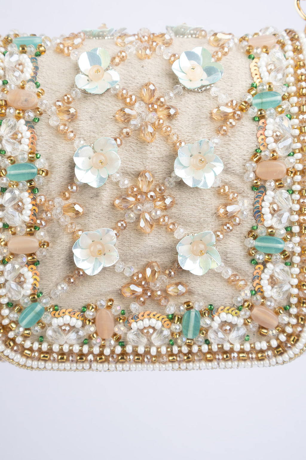 Beige hand-embellished mini clutch with diamond pearl bead sequin cutdana work suede lining inner pocket wedding and party wear