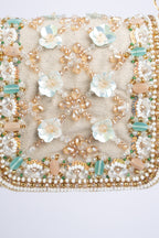 Beige hand-embellished mini clutch with diamond pearl bead sequin cutdana work suede lining inner pocket wedding and party wear