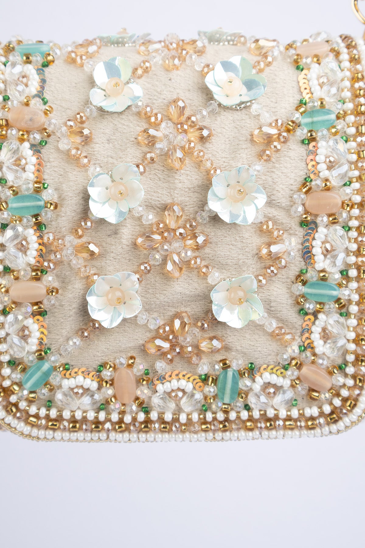 Beige hand-embellished mini clutch with diamond pearl bead sequin cutdana work suede lining inner pocket wedding and party wear