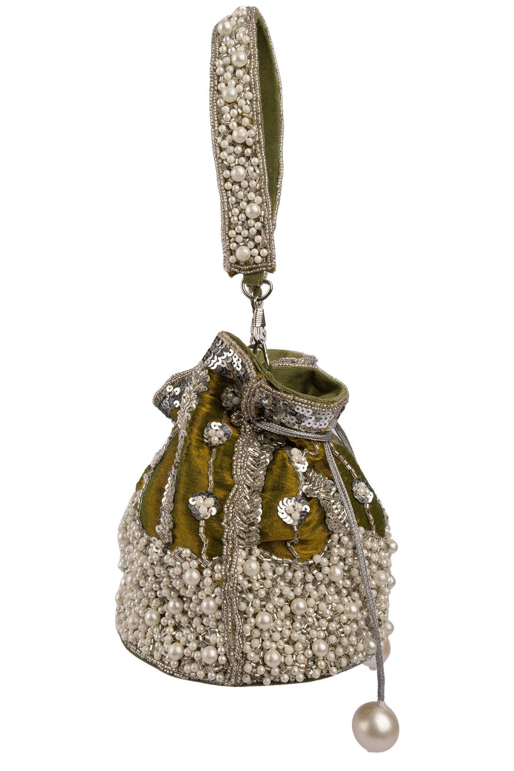 Blue and olive raw silk potli bag with sequins cutdana and pearl embellishments with tassel for wedding and festive wear