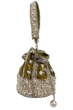 Blue and olive raw silk potli bag with sequins cutdana and pearl embellishments with tassel for wedding and festive wear