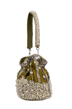 Blue and olive raw silk potli bag with sequins cutdana and pearl embellishments with tassel for wedding and festive wear