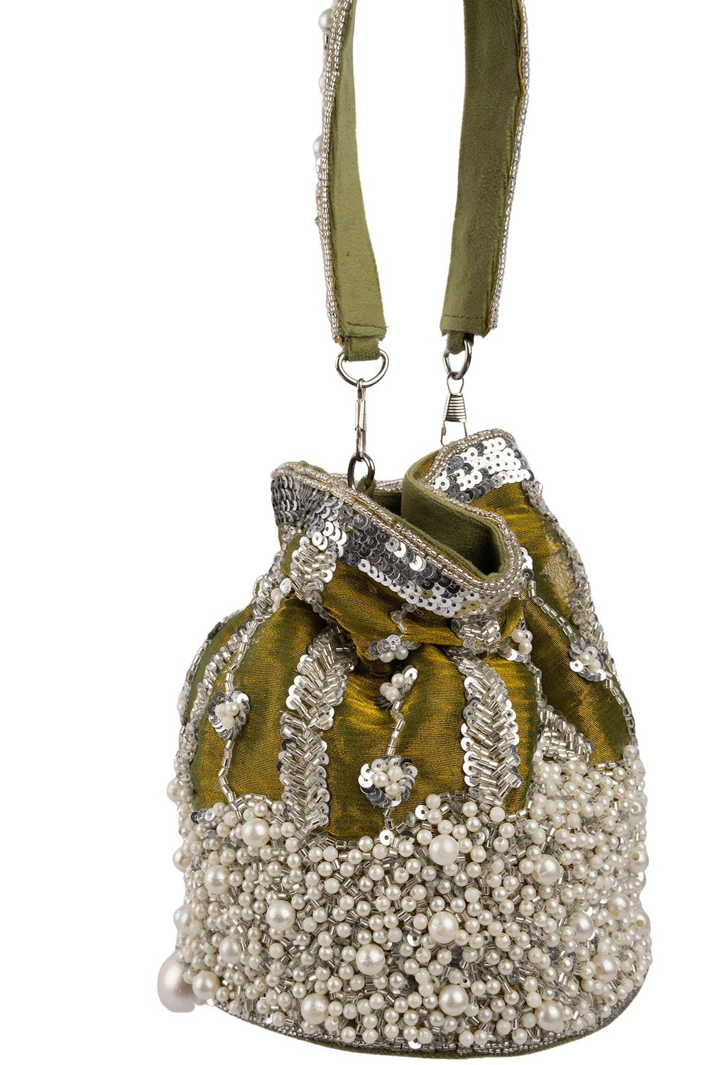Blue and olive raw silk potli bag with sequins cutdana and pearl embellishments with tassel for wedding and festive wear