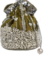Blue and olive raw silk potli bag with sequins cutdana and pearl embellishments with tassel for wedding and festive wear