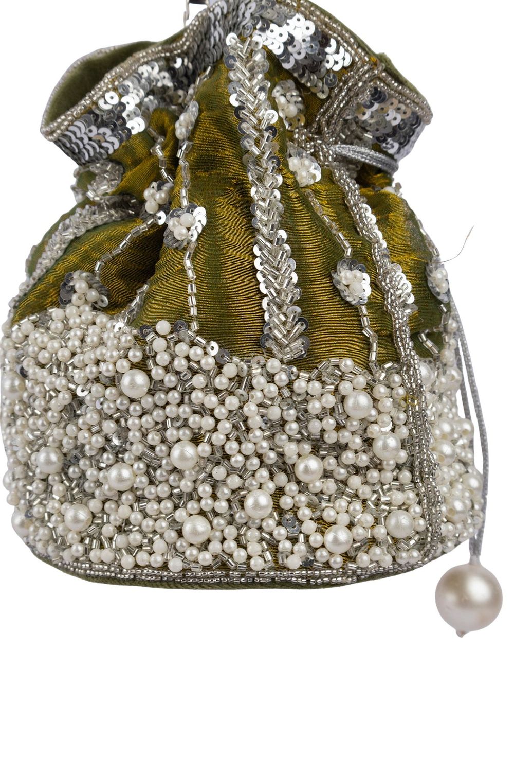 Blue and olive raw silk potli bag with sequins cutdana and pearl embellishments with tassel for wedding and festive wear
