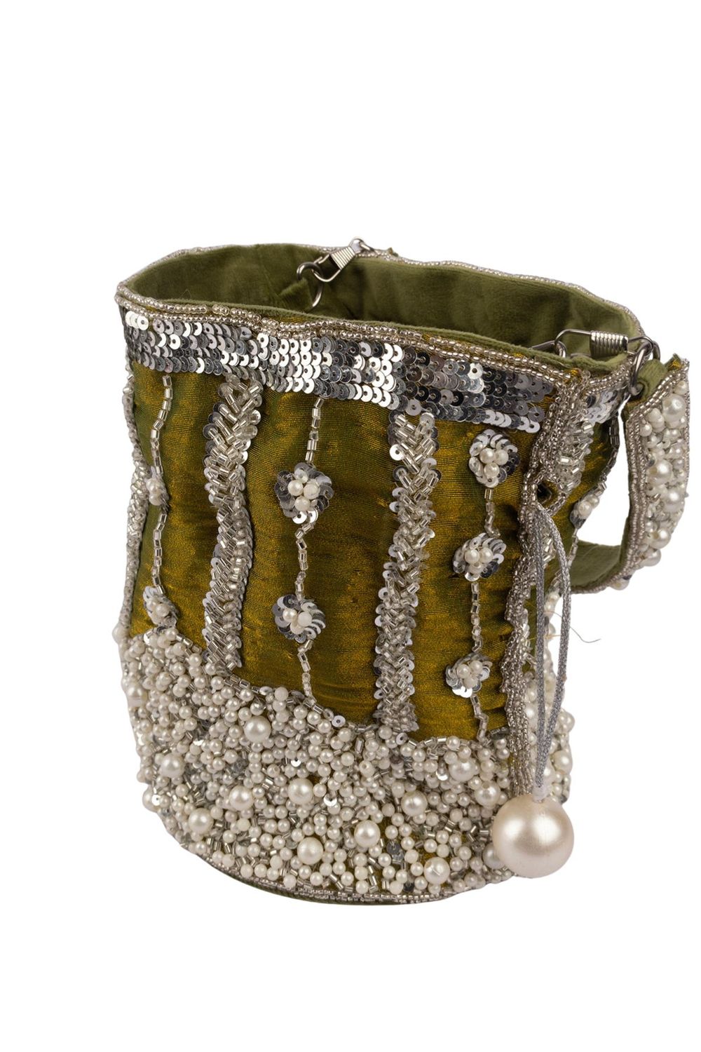 Blue and olive raw silk potli bag with sequins cutdana and pearl embellishments with tassel for wedding and festive wear