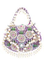 Purple handcrafted potli bag with beads sequins zari embroidery and pearl detailing with chain strap for wedding and festive wear