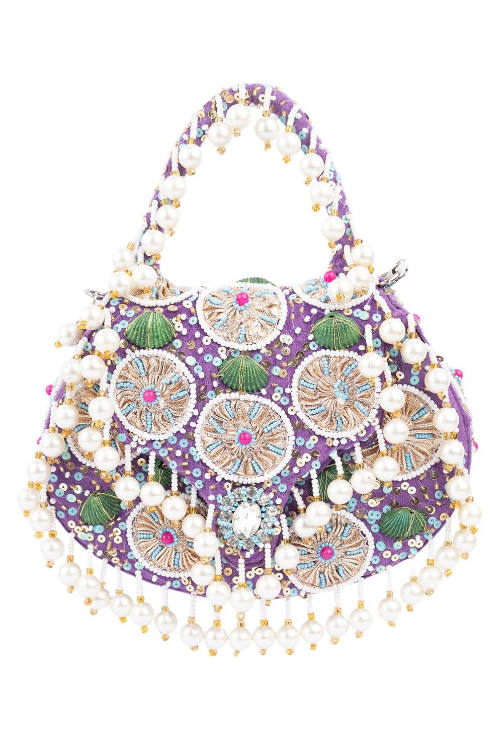 Purple handcrafted potli bag with beads sequins zari embroidery and pearl detailing with chain strap for wedding and festive wear