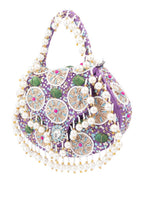 Purple handcrafted potli bag with beads sequins zari embroidery and pearl detailing with chain strap for wedding and festive wear