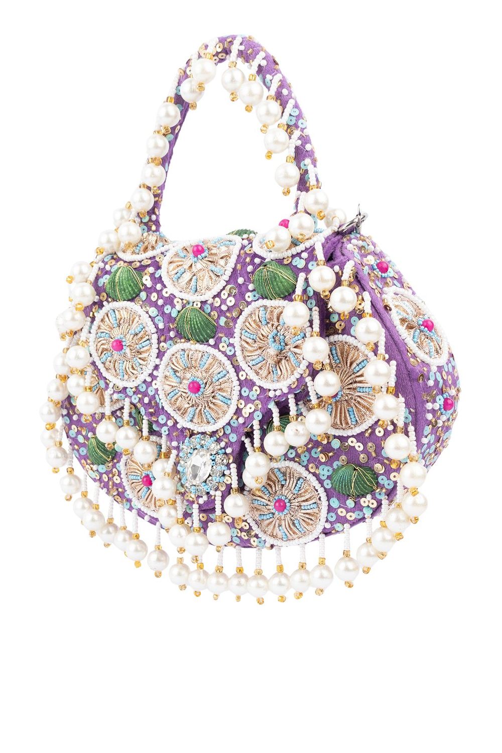 Purple handcrafted potli bag with beads sequins zari embroidery and pearl detailing with chain strap for wedding and festive wear