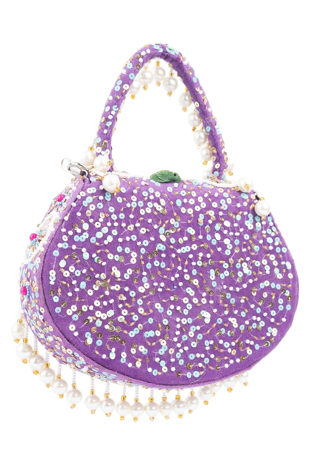 Purple handcrafted potli bag with beads sequins zari embroidery and pearl detailing with chain strap for wedding and festive wear