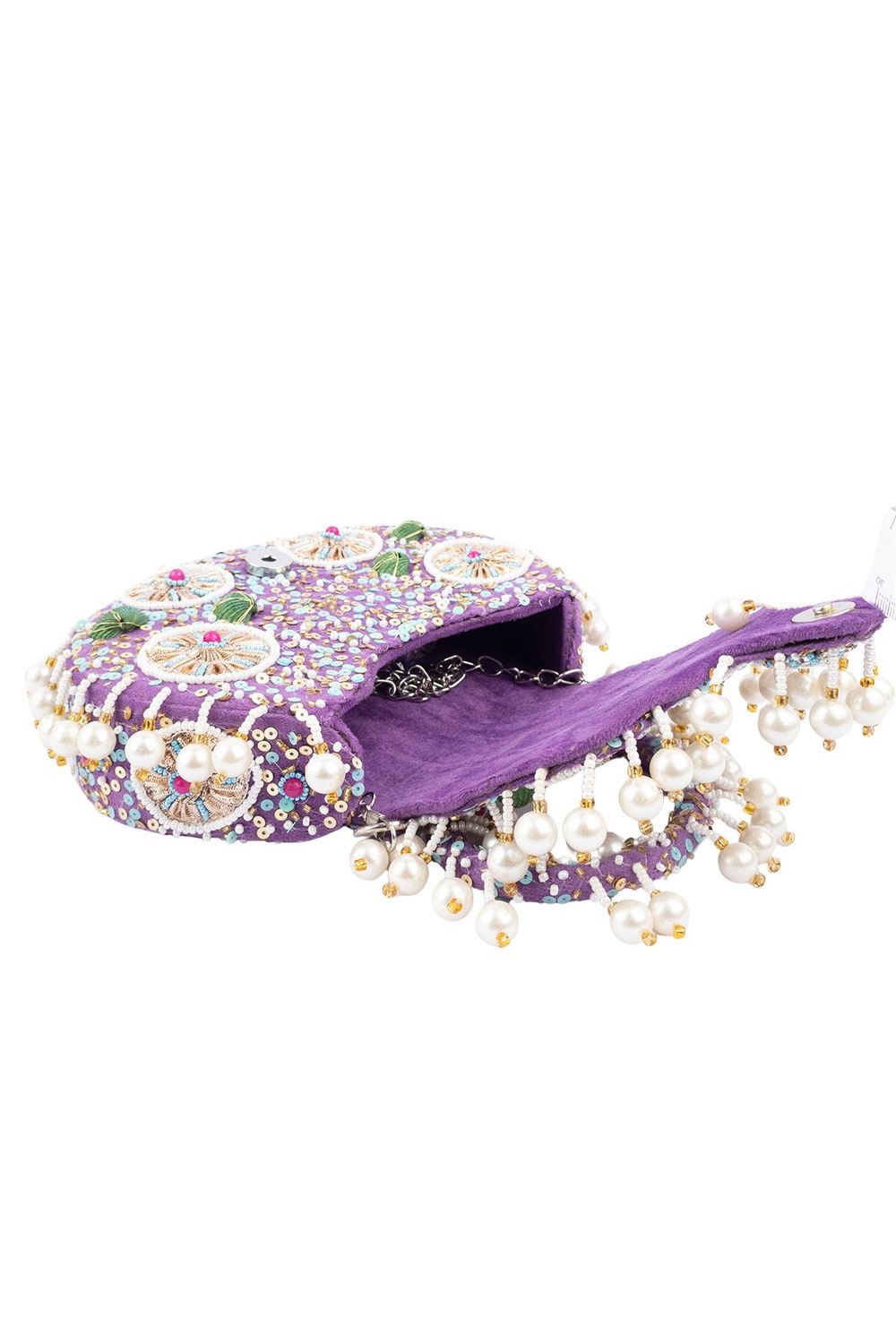 Purple handcrafted potli bag with beads sequins zari embroidery and pearl detailing with chain strap for wedding and festive wear