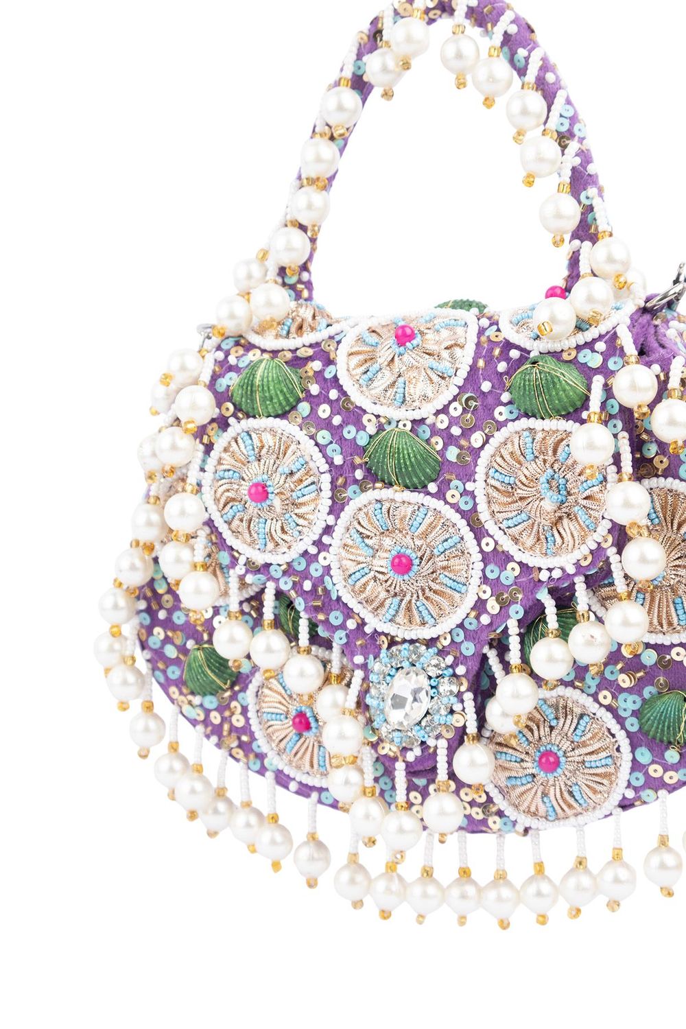 Purple handcrafted potli bag with beads sequins zari embroidery and pearl detailing with chain strap for wedding and festive wear