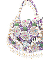 Purple handcrafted potli bag with beads sequins zari embroidery and pearl detailing with chain strap for wedding and festive wear