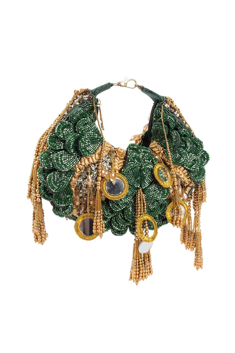 Green beaded floral mirror work clutch bag with handcrafted detailing and suede lining for wedding and festive wear