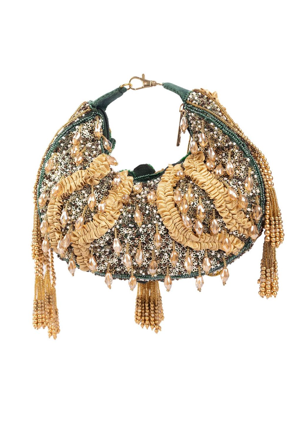 Green beaded floral mirror work clutch bag with handcrafted detailing and suede lining for wedding and festive wear
